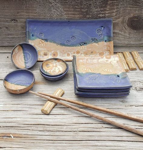 New glaze on my sushi set. Includes one serving tray, 4 individual dishes, 4 dipping bowls, 4 chopstick holders Sushi Plate Set, Sushi Set, Chopstick Holder, Sushi Plate, Beginner Pottery, Keramik Design, Pottery Classes, Pottery Studio, Ceramic Plates