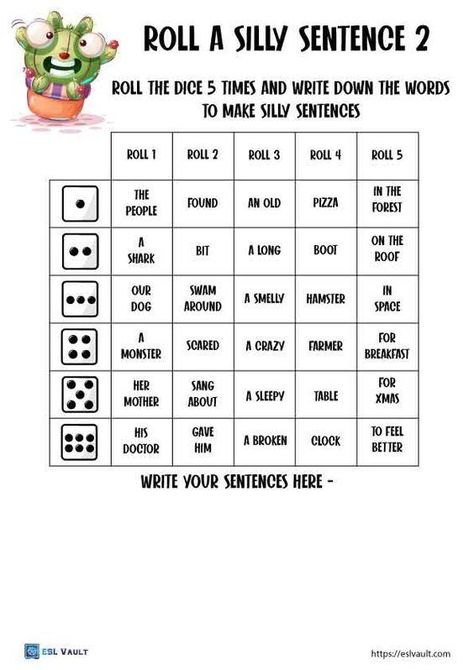 Grammar corner Roll a Silly Sentence English Writing Activities, Creating Sentences Activities, Roll A Silly Sentence Free Printable, Make A Sentence Game, Dice Worksheets Free Printable, Roll A Sentence Free Printable, Games To Learn English Fun Activities, Silly Sentences Printables Free, Roll And Draw Free Printables