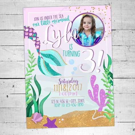 Mermaid Birthday Party Invitation | Under the Sea Invite with Photo | Gold Glitter Confetti Invite | Under The Sea Invites, Invite With Photo, 3rd Birthday Invitation, Mermaid Birthday Party Invitations, Gold Glitter Confetti, Photo Gold, Glitter Confetti, Mermaid Birthday Party, Invitation Digital