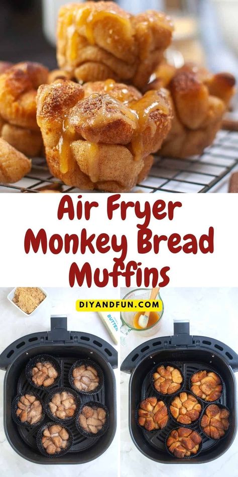 Air Fryer Monkey Bread Muffins, a delicious 5 ingredient recipe that takes less than 20 minutes to make. Breakfast, Brunch, Dessert, Snack. Air Fryer Monkey Bread, Airfryer Breakfast, Monkey Bread Recipe Easy, Monkey Bread Muffins, Brunch Dessert, Air Fryer Recipes Breakfast, Air Fryer Recipes Snacks, Sweet Roll Recipe, Fried Breakfast