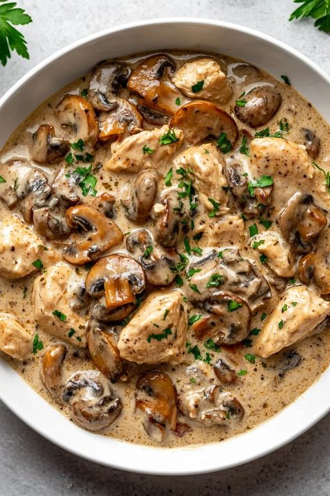 Chicken Mushroom Stroganoff - That Oven Feelin Mushroom And Onion Chicken, Chicken Mushroom Stroganoff, Chicken Stroganoff, Seared Chicken, Mediterranean Spices, Christmas Meal, Mushroom Stroganoff, Chicken Mushroom, Bacon Stuffed Mushrooms