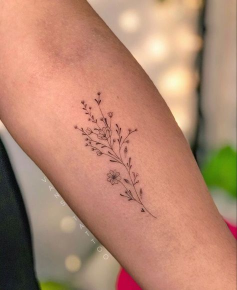 Small Flower Tattoos With Words, Wild Flower Tattoo Small, Dainty Wildflower Tattoo, October Tattoo, Fineline Tattoo Ideas, Dainty Flower Tattoos, Fine Line Tattoo Ideas, Line Tattoo Ideas, Fineline Tattoo