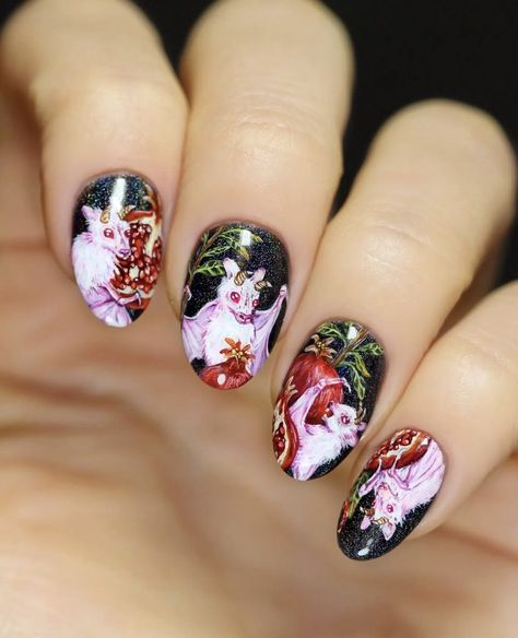 Baphomet Nails, Pomegranate Nails, Bats Cute, Bat Nails, Witchy Nails, Halloween Acrylic Nails, Grunge Nails, Stiletto Nails Designs, Pretty Gel Nails