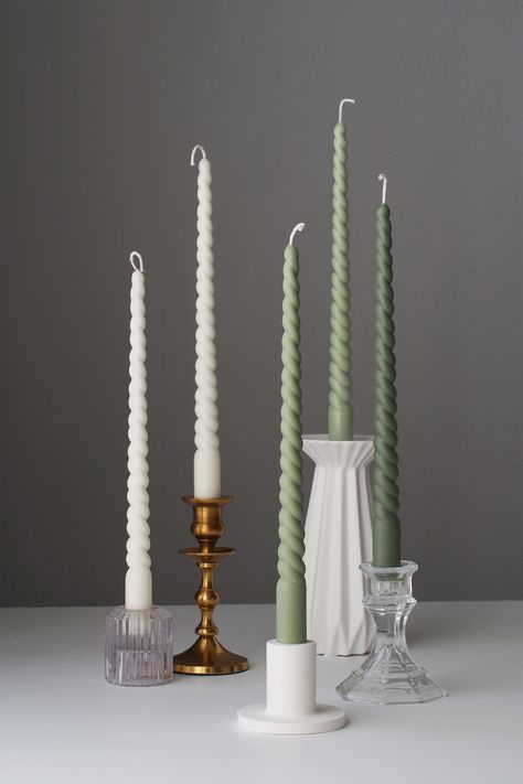 Long White Candles, Olive Green Candles, Green Candle Sticks, Taper Candle Wedding, Candle Stick Decor Ideas, Candles 2023, Long Candle Holder, Twisted Candle, Spiral Candle