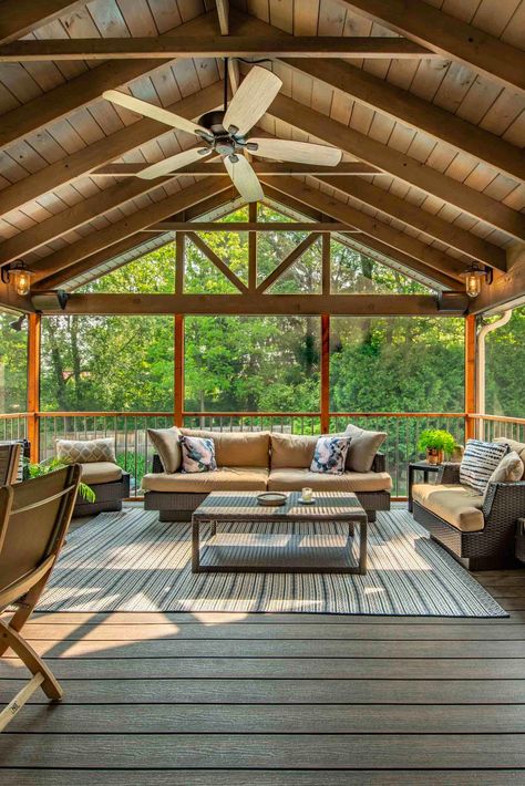 This stunning porch features solid-sawn Douglas Fir lumber. Screened Porch Addition, Grilling Deck, Design Per Patio, Deck Addition, Screened Porch Designs, Screened In Deck, Porch Addition, Deck Designs Backyard, Screened In Patio