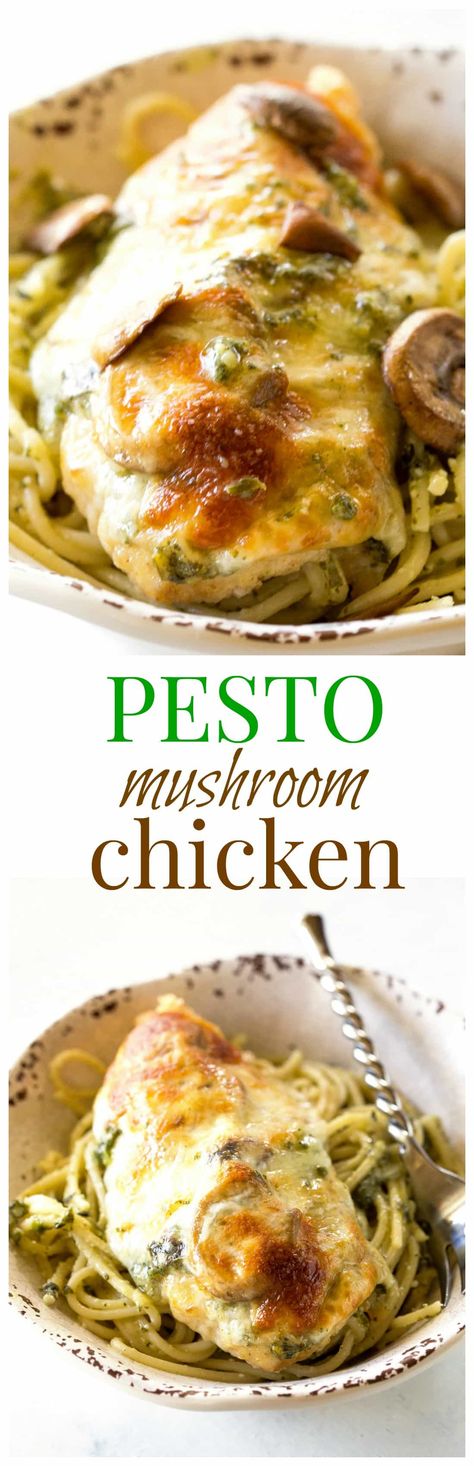 This Pesto Mushroom Chicken is breaded in buttery breadcrumbs and topped with pesto, mushrooms, and provolone cheese. #chicken #dinner #recipe #pesto #italian Pesto Mushroom Chicken, Pesto Chicken Thighs, Pesto Mushrooms, Pesto Arugula, Chicken Thighs Mushrooms, Medium Recipe, Cheese Chicken, Chicken Main Dishes, Provolone Cheese