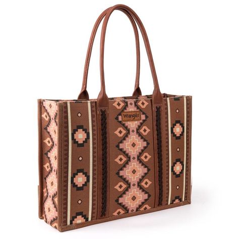 Wrangler Southwestern Dual Sided Print Wide Canvas Tote Western Purses, Southwestern Print, Printed Canvas Tote Bag, Brown Tote Bag, Southwestern Patterns, Brown Tote, Crossbody Tote, Large Tote Bag, Tote Purse