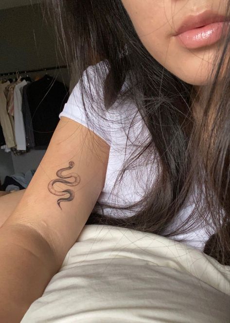 Tattoo of a snake on the arm Small Arm Snake Tattoo, Small Snake Tattoos For Women Arm, Fineline Arm Tattoos For Women, Snake Tattoo Placement, Mini Snake Tattoo, Fineline Snake Tattoo, Dainty Snake Tattoo, Snake Tattoo On Arm, Snake Tattoos Arm