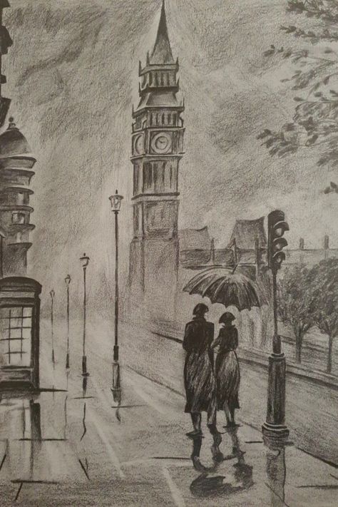 Scenery Sketches Pencil, London Art Drawing, Scenery Sketch, London Sketch, قلم حبر جاف, Easy Scenery Drawing, Landscape Pencil Drawings, Drawing Scenery, London Clock