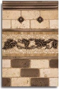 Love this Travertine tile backsplash with decorative grapes/vine strip Mediterranean Kitchen Tiles, Mediterranean Homes Exterior, Steel Tiles, Kitchen Drawing, Metallic Backsplash, Mediterranean Kitchen, Tuscan Kitchen, Border Tiles, Mediterranean Home Decor