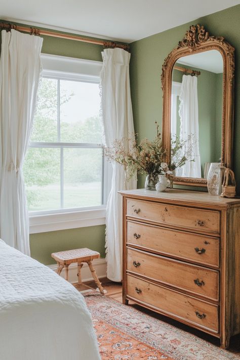 How to Design a Sage Green Farmhouse Bedroom – Everyday Inspo Green Coastal Bedroom, White And Sage Green Bedroom, Light Green Bedroom Ideas, Sage Green Bedroom Aesthetic, Sage Green Farmhouse Bedroom, Green Farmhouse Bedroom, Sage Green Farmhouse, Light Green Bedrooms, Green Farmhouse