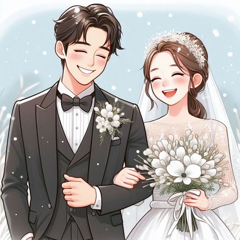 Couple Goal Cartoon, Animasi Wedding, Wedding Animation Cartoon, Wedding Caricature Couple, Bride And Groom Drawing, Animated Wedding Couple, Anime Bride, Wedding Couple Cartoon Marriage, Wedding Couple Cartoon Muslim