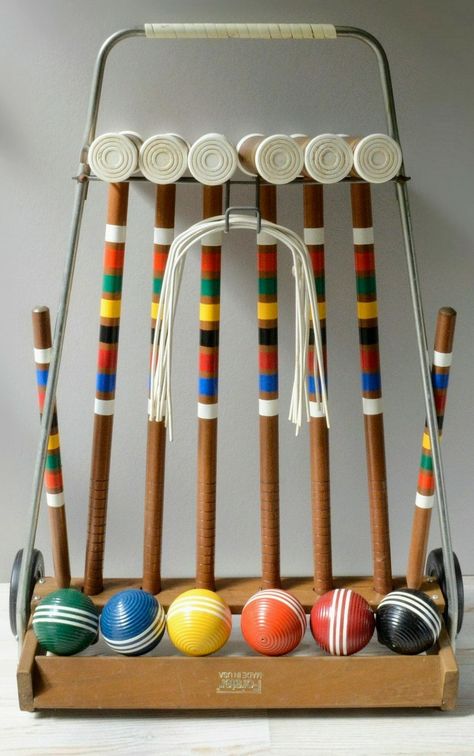 Croket Game, Croquet Balls, Vintage Croquet, Old Fashioned Toys, Croquet Set, Bocce Ball, Rolling Storage Cart, Ball Games, Big Yard