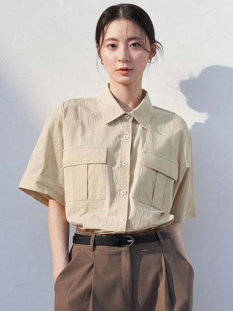 Khaki Casual Collar Half Sleeve Woven Fabric Plain Shirt Embellished Non-Stretch  Women Clothing Khaki Shirt Outfit Women, Khaki Outfit Women, Khaki Shirt Outfit, Collared Shirt Outfits, Sleeve Shirt Outfit, Linen Shirt Outfit, Khakis Outfit, Drop Shoulder Shirt, Khaki Shirt