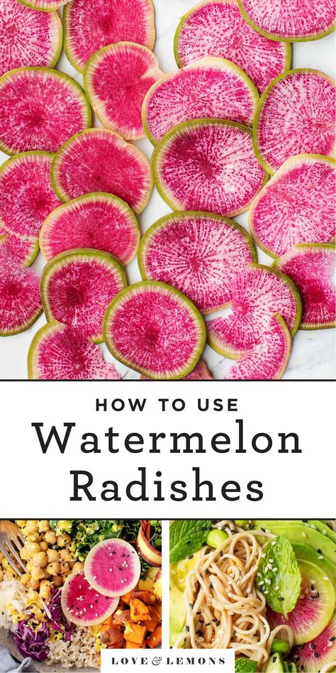 How to Use a Watermelon Radish Recipe - Love and Lemons Watermelon Radish Recipe, Marinated Watermelon, Watermelon Radish Salad, Sweet Potato Appetizers, Radish Recipe, Quick Pickled Radishes, Watermelon Pickles, Potato Appetizers, Daikon Radish