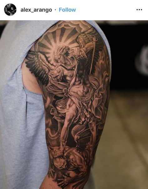 God And Angels Tattoo, Arch Angel Tattoo Saint Michael, Leg Sleeve Tattoos For Guys Ideas, Michael Defeating Lucifer Tattoo, St Michael Tattoo Shoulder, St Michael Sleeve Tattoo, Bicep Writing Tattoo Men, Saint Micheal Tattoo Design, St Michael Shoulder Tattoo