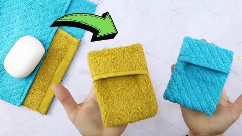 How To Sew A DIY Soap Pouch Using Old Wash Cloth | DIY Joy Projects and Crafts Ideas Washcloth Soap Pouch, Diy Soap Saver, Soap Holder Diy, Diy Soap Pouches, Room Crafts, Diy Joy, Ribbon Holders, Soap Pouches, Summer Art Projects