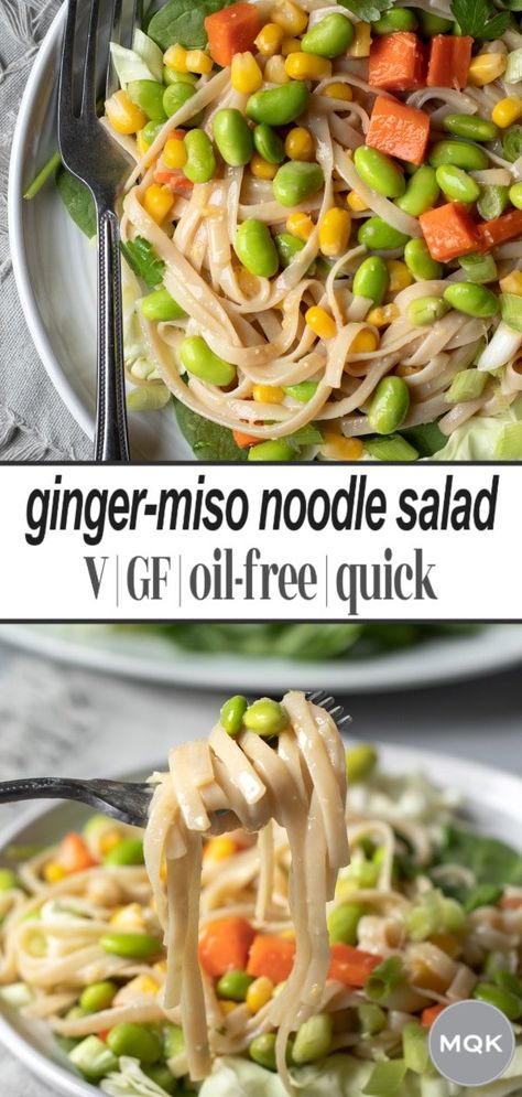 Ginger Miso Dressing, Miso Noodles, Summer Potluck Dishes, Healthy Noodles, Ginger Miso, Vegan Party Food, Noodle Salad Recipes, Quick Vegan, Healthy Plant Based Recipes