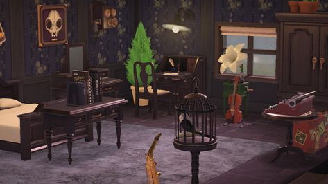 Animal Crossing New Horizons. Black antique bedroom furniture. Animal Crossing Black Bedroom, Acnh Dark Bedroom, Acnh Bedroom Ideas Black, Animal Crossing Bedroom Ideas Black, Acnh Antique Room, Emo Animal Crossing Island, Acnh Living Rooms, Animal Crossing Bedroom Ideas, Animal Crossing Bedroom