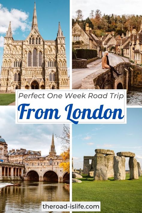 Road Trip From London - An Exciting One Week Itinerary England Road Trip, One Week Itinerary, Arlington Row, Salisbury Cathedral, Castle Combe, Roman Baths, The Cotswolds, Stonehenge, England Travel