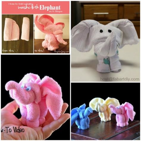 DIY Towel Elephant Gift Wrapping Tutorials Baby Washcloth Animals, Washcloth Elephant, Towel Elephant, Elephant Towel, Diy Elephant, Washcloth Animals, Baby Wrap Blanket, Gift Wrapping Tutorial, Baby Gift Wrapping