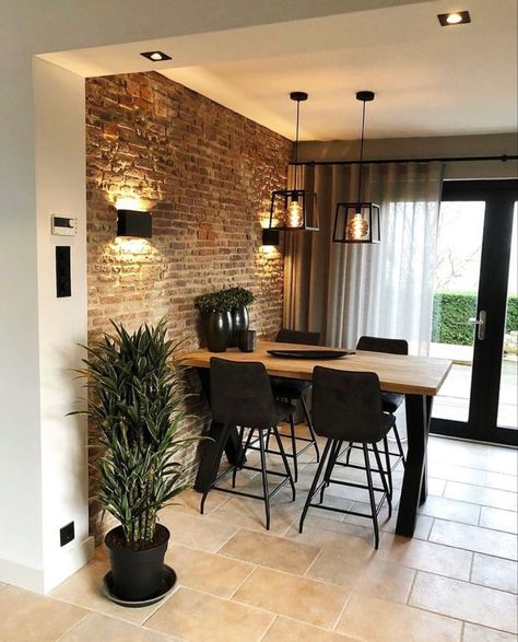 Decor Home Living Room, Room Decorations, Home Design Decor, Dining Room Design, Design Case, Room Table, Brick Wall, Home Decor Kitchen, House Inspiration