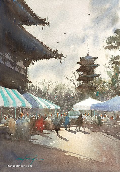 Toji Temple, Kyoto, Japan VII by Keiko Tanabe, Watercolor, 19 x 13inches(48x33cm) City Scape Painting, Art Mini Toile, City Painting, 수채화 그림, Watercolor Landscape Paintings, Watercolor Artists, City Scene, Cityscape Painting, Plein Air Paintings