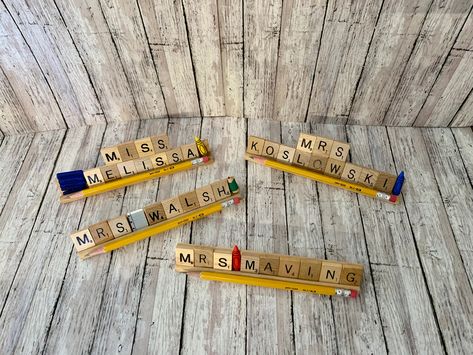 Personalized Scrabble Tile Name Plate, Teacher Name Plate, Teacher Appreciation, Teacher Appreciation Present, Teacher Gift, Custom Teacher by craftsnmore1999 on Etsy Teacher Name Plate, Teacher Name Plates, Scrabble Wall Art, Scrabble Frame, Scrabble Wall, Mailbox Decals, Scrabble Letters, Personalised Frames, Family Frames