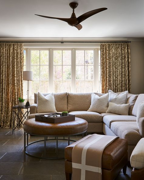 Benjamin Moore Lenox Tan, Tan Paint Colors, Tan Paint, Forest Retreat, Colored Ceiling, Neutral Living Room, Dark Interiors, Family Room Decorating, Traditional Living Room