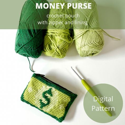 Crochet Zipper, Crochet Purse Pattern, Pouch Crochet, Crochet Green, Money Purse, Money Pouch, Crochet Pouch, Card Pouch, Crochet Purse