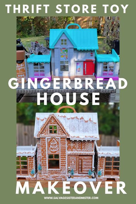 Gingerbread Doll House Diy, Diy Gingerbread Dollhouse, Gingerbread Dollhouse Makeover, Dollhouse To Gingerbread House, Doll House Gingerbread House, Dollhouse Gingerbread House Diy, Christmas Doll House Diy, Gingerbread Dollhouse Diy, Fisher Price Dollhouse Makeover