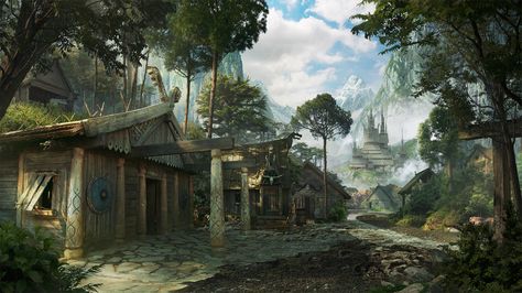 Norse Village Art, Fantasy Jungle Village, Viking Town Concept Art, Mountain Village Fantasy Art, Norse Village, Village Concept Art, Viking Village, Fantasy Village, Games Design