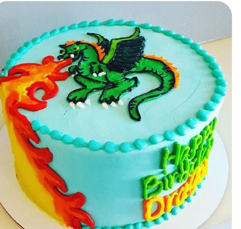 Cartoon Cake Design, Solar System Cake, Dragon Birthday Cakes, Cartoon Fire, Cartoon Birthday Cake, Dragon Cakes, Frosting Colors, Dragon Cake, Drawing Photo