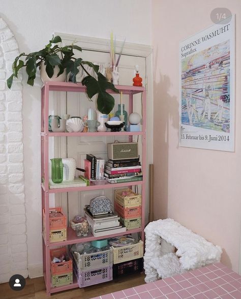 Pink Shelf Aesthetic, Shelf Decor Bedroom Y2k, Pink Shelves Bookshelves, Bookshelf Pink Aesthetic, Danish Pastel Wall Shelves, Aesthetic Shelf Ideas Indie, Pink Shelves, Room Organization Bedroom, Tiny House Bathroom