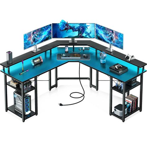 Pc Gaming Table, L Shaped Gaming Desk, L Shaped Desk With Storage, Desk With Led Lights, Corner Desk Office, L Desk, L Shape Desk, Shape Games, Monitor Stand