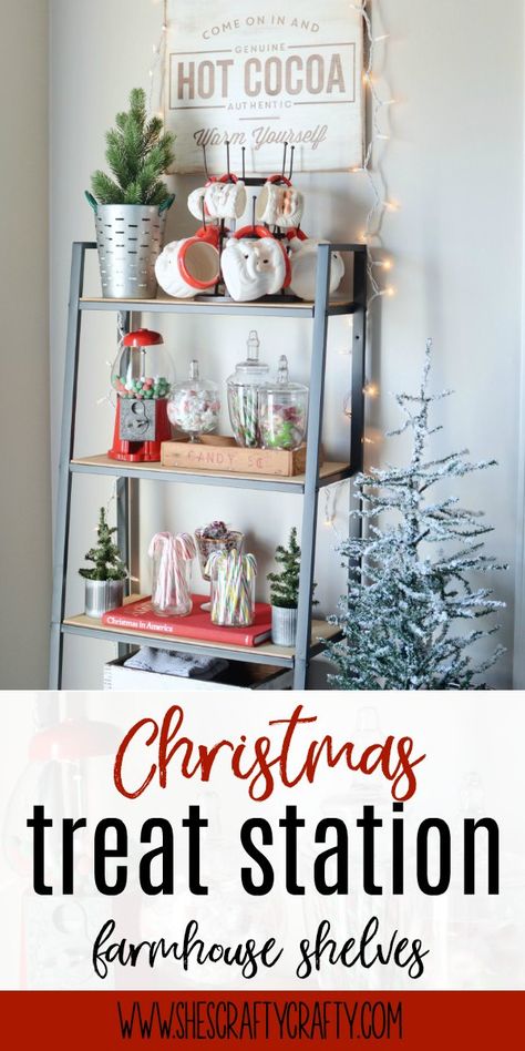 Christmas Treat Station, farmhouse shelves Christmas Coffee Station, Bright Farmhouse, Home Decor Crafts Diy, Decor Crafts Diy, Christmas Food Treats, Amazing Christmas Gifts, Crafty Christmas, Farmhouse Shelves, Home Decor Crafts