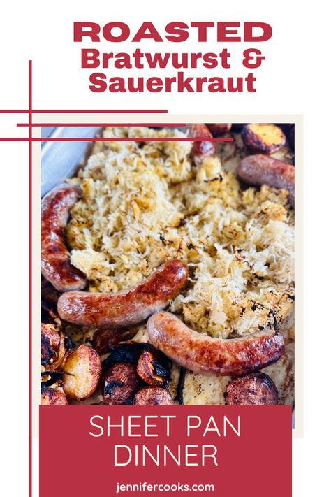 Roasted Bratwurst & Sauerkraut is a delightful sheet pan dinner. Featuring juicy bratwurst, crispy red potatoes, and tangy sauerkraut, it's a satisfying dish that’s easy to prepare. With a touch of Dijon mustard and sweet onions, this one-pan recipe delivers delicious flavors in every bite. Serve it with your favorite condiment for a hearty, flavorful meal. Saurkraut Recipes Meals, Crispy Red Potatoes, Bratwurst And Sauerkraut, Roasted New Potatoes, Roasted Sprouts, Sweet Onions, Pan Recipe, Sweet Potato And Apple, New Potatoes