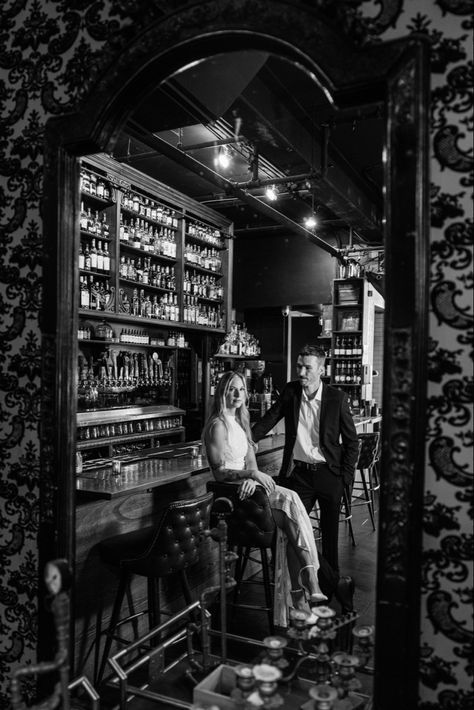 #engagement #speakeasy #bar #blackandwhite Speakeasy Engagement Photos, Speakeasy Wedding Reception, Swanky Bar, Bar Engagement Photos, Bar Photoshoot, Speakeasy Wedding, Engagement Shoot Outfit, Holiday Bar, Speakeasy Bar