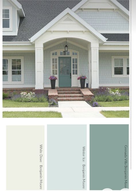 Blue Roof House Colors Exterior Paint, Exterior Coastal House Colors, Light Blue House, Coastal Exterior Paint Colors, House Exterior Colors Blue, Coastal Bungalow, Light Blue Houses, Exterior House Colors Combinations, Coastal Exterior