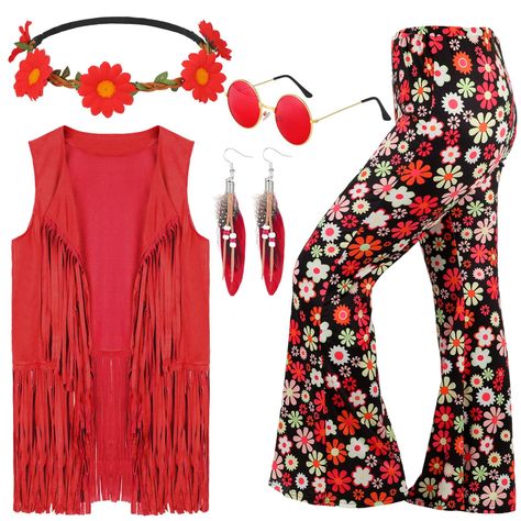 PRICES MAY VARY. Women's Western Cowgirl Hippie Outfit: the set includes 1 hippie costume fringe vest, 1 pair of 70's hippie flare pants, 1 bohemian crystal headband, 1 pair of bohemian feather earrings and 1 pair of vintage sunglasses; These 60s 70s outfits for women and accessories are classic in looking and vintage in style to add charm to you Reliable in Materials: the women's fringe vest of the hippie costume set is made of faux suede fabric, vintage and retro, very soft and comfortable to 70s Fringe Outfit, Groovy 70s Outfit, Easy Hippie Costume, Rock Star Costume Women, Hippie Diy Costume, 70 Style Outfits 70s Fashion Women, Warm Halloween Costume Ideas Women, 70 Style Outfits 70s Fashion, Hippie Costume Ideas