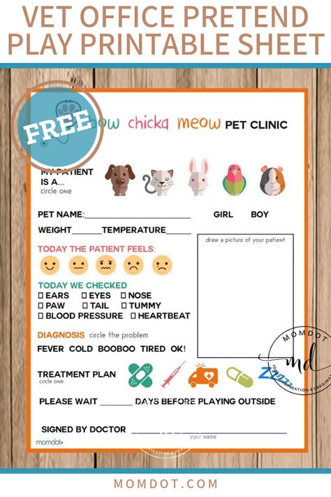 This free printable includes and easy to circle ‘vet check up’ for kids of all ages. Just circle which animal they are seeing, how they feel and even what the diagnosis is! Older kids can fill out how long the patient needs to rest for and even draw a picture. Grab this DIY sheet and print over and over at home for tons of fun! #freeprintable #printables #pretendplay #DIY #forkids Veterinarian Dramatic Play Free Printable, Vet Check Up Printable Free, Diy Vet Clinic For Kids, Pre Vet, Vet Costume, Free Download Printables, Vet Office, Dramatic Play Preschool, Free Printable Tags