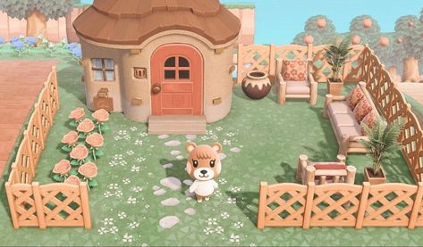 Acnh House Garden Ideas, Animal Crossing Maple Yard, Animal Crossing Villager House Yard, Acnh Maple Yard Guide, Achn Villagers Houses, Villager Yard Ideas Acnh, Maple Yard Guide Acnh, Villager House Designs Acnh, Animal Crossing House Exterior Villager