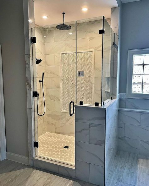 This post shows you the best small bathroom corner shower with half walls ideas to try today. Who knew a corner shower with half-walls could make such a huge difference in a space? I recently Half Glass Shower Wall, Stalls Ideas, Small Shower Stalls, Half Wall Ideas, Corner Shower Stalls, Brown Tile Bathroom, Ideas For Small Bathroom, Half Wall Shower, Small Bathroom Window