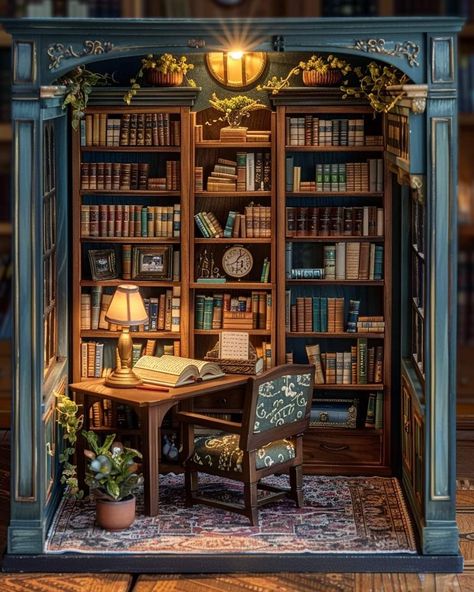 3d Library Design, Victorian Bookshelf Aesthetic, Doll House Library, Book Nook Aesthetic, Library Booknook, Library Diorama, Library Book Nook, Miniature Library, Room Box Miniatures