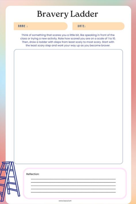 Kids Art Therapy Worksheet for Self Esteem - Bravery Ladder || Therapy Resource for Improving Self-esteem in Children. One page of a 7 page printable workbook for kids. Self Esteem Art Therapy, Self Esteem Activities For Women, Self Esteem Quiz, Emotional Literacy, Self Esteem Activities, Art Therapy Activities, Therapy Counseling, Play Therapy, Therapy Worksheets