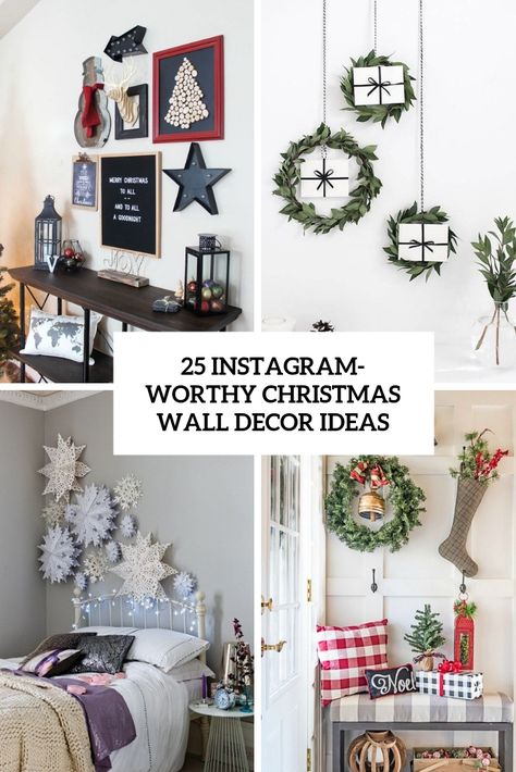 25 Instagram-Worthy Christmas Wall Decor Ideas Wall Hanging Christmas Decorations, Christmas Wall Gallery Ideas, Christmas Wreath Wall Decor Living Room, Christmas Office Wall Decor, Christmas Picture Decoration Ideas, How To Decorate A Bare Wall For Christmas, Wall Decorations Christmas, Christmas Wall Decorating Ideas, Christmas Feature Wall