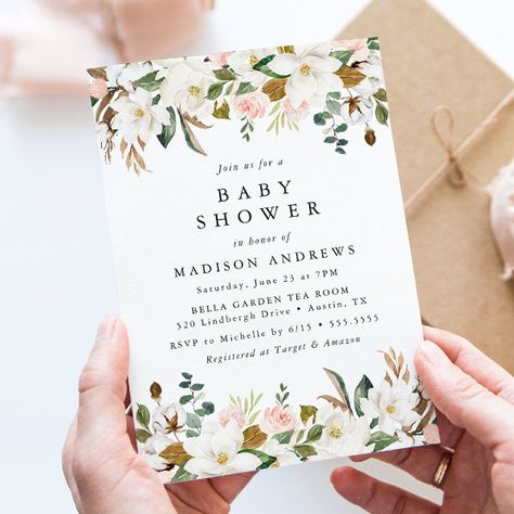 Time for Tea Baby Shower Invitation Magnolia Baby Shower Ideas, Sage Background, Blush Pink Baby Shower, Blush Pink Flowers, Magnolia Baby, Green Baby Shower, Baby Shower Tea, Green Sage