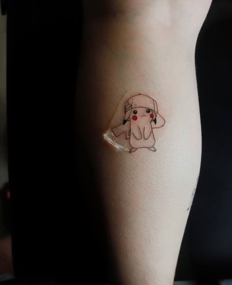 Pikachu Small Tattoo, Pickachoo Tattoo Ideas, Simple Pikachu Tattoo, Ash And Pikachu Tattoo, Cute Pikachu Tattoo, Ash Ketchum Tattoo, Pikachu With Ash, Simple Pokemon Tattoo, Pokémon Tattoo Ideas