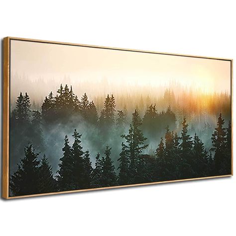 PRICES MAY VARY. Size and Package: Foggy forest canvas picture approx 30"x 60"; Suitable size makes it a great Landscape decor addition to your home. Easy to hang - All Signs Come With Pre-Installed Hooks. Framed Wall Art: Canvas on a sturdy frame; Large Painting includes mounting hardware. HD wall art decor prints.High quality polyester canvas. This Wall decoration is easy to clean and dust, and both UV and fade resistant. HD Print Canvas Wall Poster: Green Wall Art use High Definition modern c Extra Large Mountain Wall Art, Juniper Artwork Living Room, Bedroom Forest Art, Forest Green Bedroom Artwork, Artwork For A Modern Rustic Lakehouse, Industrial Bedroom Artwork, Modern Farmhouse Picture Above Bed, Mountain Theme Family Room, Masculine Wall Art Nature