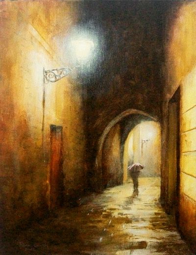 Rainy Nightly Alley - Illustration by Milena Gawlik, crylic on canvas, 2012 Dark Alley Drawing, Rainy Night Illustration, Alley Illustration, Lanterns Drawing, Alley Painting, Art After Dark, Rainy City, A Level Art Sketchbook, Night Illustration